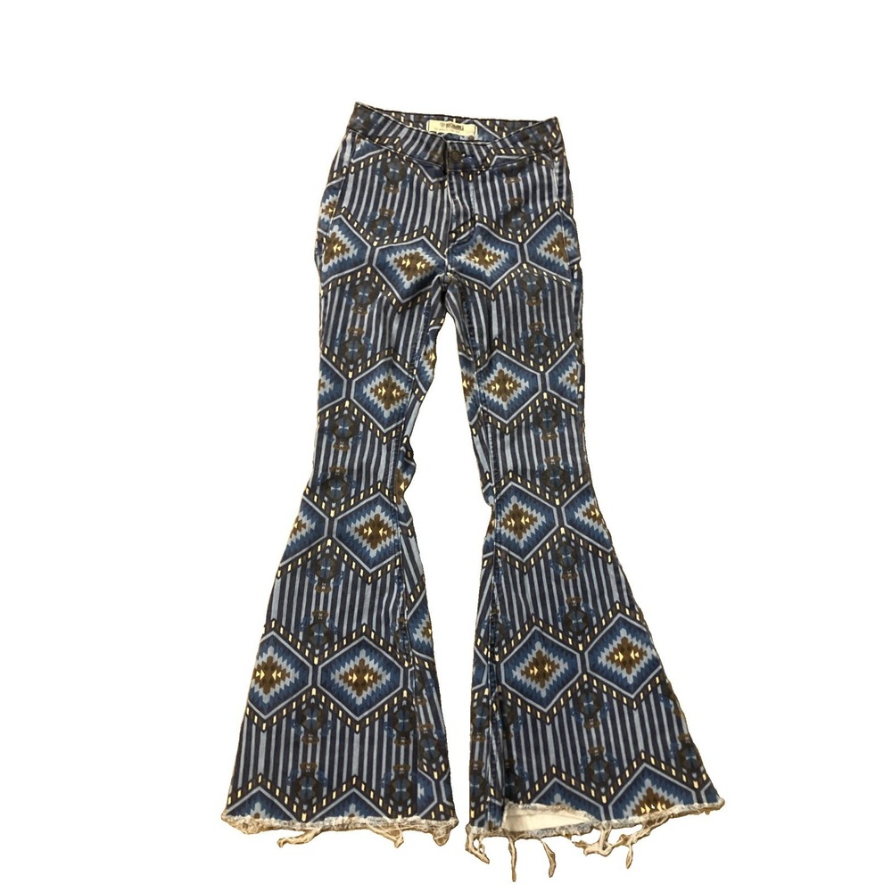 Rock & Roll Denim Bell Jeans Womens 24 30" Inseam Blue Flare Aztec Print